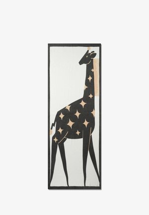 Hohe stilisierte schwarze Giraffe mit beige-förmigen Sternflecken und einer beigen Größentabelle vor weißem rechteckigem Hintergrund mit schwarzem Rand.