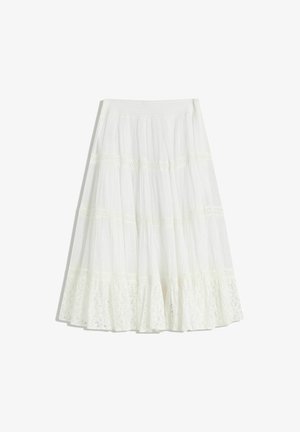 Bela midi krila s tiered horizontalnimi čipkastimi panelli in nabranim robom, elastičen pas, lahka tkanina.