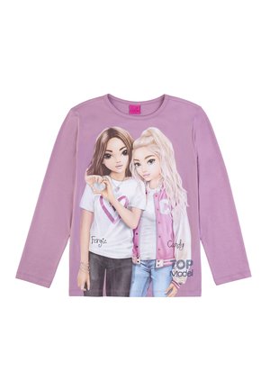 Langärmliges T-Shirt in hellem Lila mit stilisierten Charakterdrucken auf der Vorderseite, mit dem Text "Fergie" und "Candy". Weiches Baumwollmaterial.