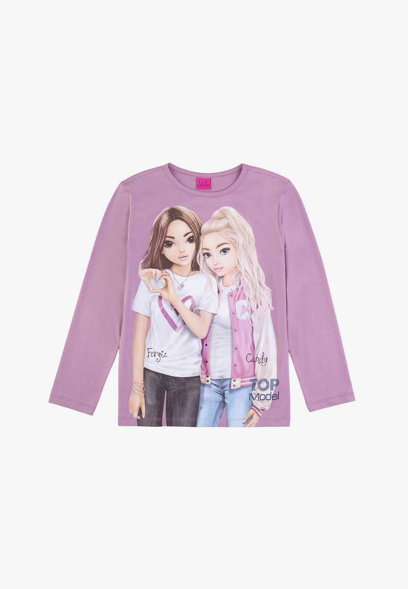 Langärmliges T-Shirt in hellem Lila mit stilisierten Charakterdrucken auf der Vorderseite, mit dem Text "Fergie" und "Candy". Weiches Baumwollmaterial.