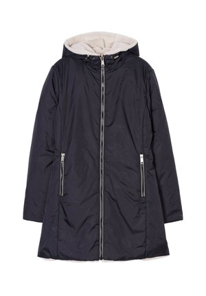 Marineblauer Puffer-Mantel mit Kapuze, elfenbeinfarbenem Fleece-Futter, zwei seitlichen Reißverschlusstaschen und einem Frontreißverschluss. Besitzt eine glatte, glänzende Textur.