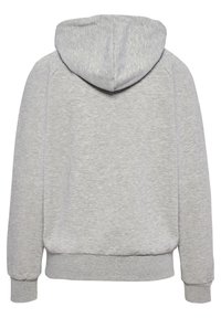 Grå huvtröja med mjuk textur, utrustad med känguruficka och ribbade ärmar. Bakifrån syns den rundade huven och den avslappnade passformen.