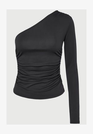 Melna, viena pleca blūze, izgatavota no gludas, elastīgas auduma; kreisajā pusē ar rušētu tekstūru un labajā pusē garu piedurkni.