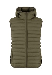 Olivengrønn puffer vest med høy krage, hel frontglidelås og sidelommer. Har en vattert tekstur og lett materiale.