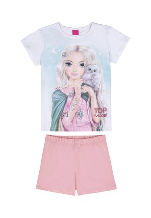 Children’s two-piece set with white short-sleeve shirt featuring a girl with long blonde hair holding a white owl, paired with pink shorts.