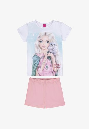 Set due pezzi per bambini con camicia bianca a maniche corte che mostra una ragazza con lunghi capelli biondi che tiene in mano un gufo bianco, abbinata a pantaloncini rosa.