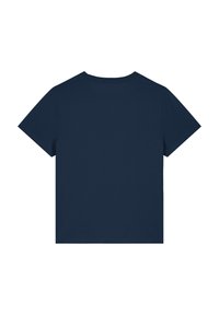 Dunkelblaues kurzärmliges T-Shirt mit Rundhalsausschnitt. Glatte Textur, schlichtes Design, keine sichtbaren Grafiken oder Muster. Rückansicht dargestellt.