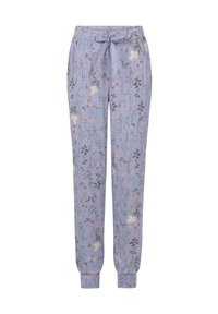 Lichte lavendelkleurige pyjamabroek met een bloemmotief in roze, wit en groen, met een koord in de taille en geribde manchetten.