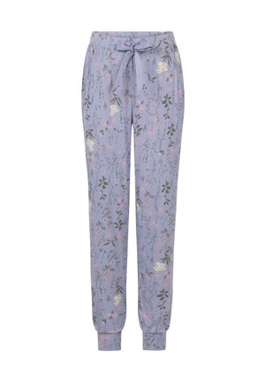 Lightweight lavender pajama pants with a floral pattern in pink, white, and green, featuring a drawstring waist and ribbed cuffs.