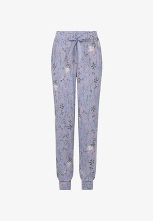Lightweight lavender pajama pants with a floral pattern in pink, white, and green, featuring a drawstring waist and ribbed cuffs.