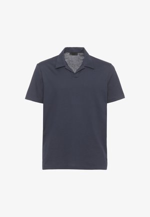 Polo a maniche corte di colore blu scuro con colletto aperto e senza bottoni, mostrata su sfondo bianco.