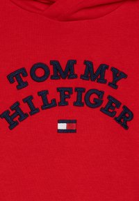 Sweat à capuche rouge avec un grand texte brodé marine : "TOMMY HILFIGER." Comprend un petit logo avec des rayures rouges, blanches et bleues sous le texte.