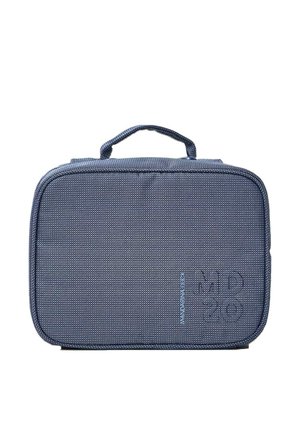 Borsa da viaggio rettangolare in tessuto blu navy con piccoli puntini bianchi, cerniera nera e manico superiore.