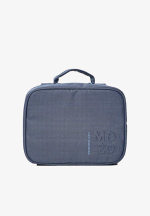 Borsa da viaggio rettangolare in tessuto blu navy con piccoli puntini bianchi, cerniera nera e manico superiore.