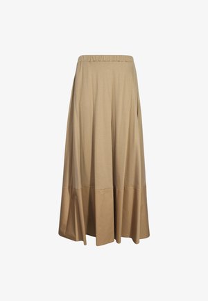 Jupe beige, longueur genou, en tissu doux avec une taille élastique, au design évasé et à la texture subtile. Sans poches ni accent.