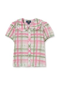 Camicia a maniche corte a quadri con colletto arrotondato, caratterizzata da motivi a scacchi rosa e verdi e chiusura con bottoni frontali. Realizzata in tessuto leggero.