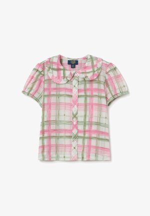 Camisa de cuadros de manga corta con cuello redondeado, que presenta patrones de cuadros en rosa y verde, y cierre frontal con botones. Fabricada con un tejido ligero.