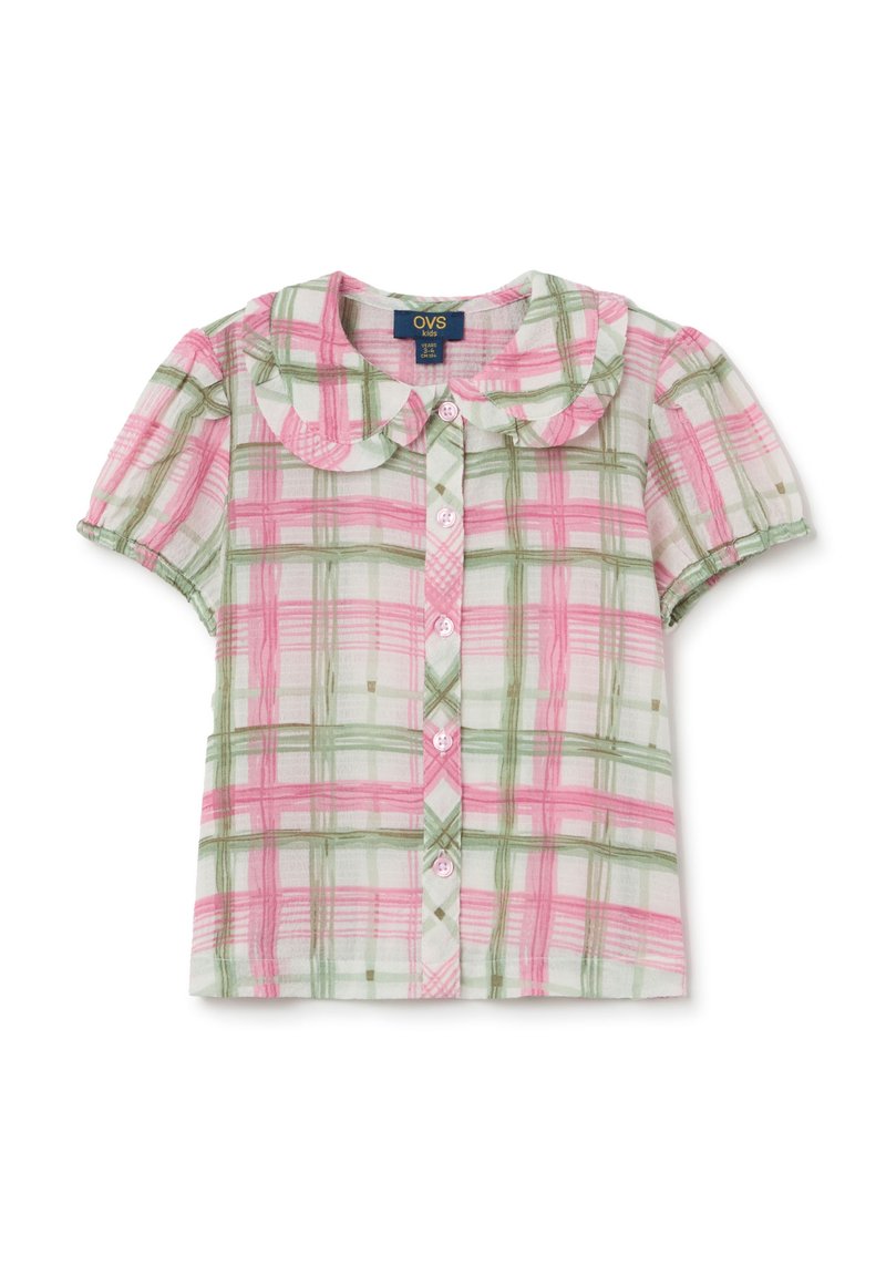 Camicia a maniche corte a quadri con colletto arrotondato, caratterizzata da motivi a scacchi rosa e verdi e chiusura con bottoni frontali. Realizzata in tessuto leggero.