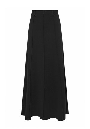 Zwarte A-lijn lange rok met verticale naaddetails en een aansluitende tailleband, ontworpen voor een vloeiende, elegante uitstraling.