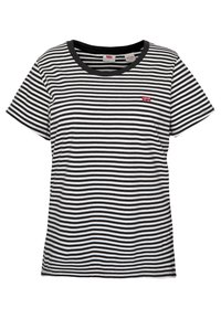 Sort-hvid stribet t-shirt med korte ærmer og en sort rund halsudskæring. Har et rødt Levi's logo på venstre brystområde.