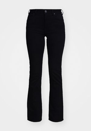 Pantalon noir taille haute coupe bootcut avec bouton à l’avant, fermeture éclair et passants de ceinture, présenté sur un fond clair uni.