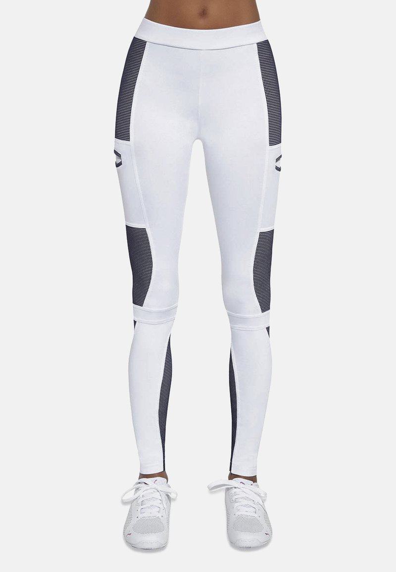 Białe legginsy z czarnymi siateczkowymi panelami po bokach, gładka tekstura, dopasowany krój i wysoki stan dla wygody.