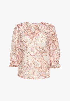 Blus med blommönster i krämfärg med rosa och guldaccenter, med V-ringning, puffärmar och volangmuddar för extra struktur.