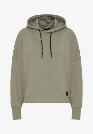 Olive green hooded sweatshirt with a relaxed fit, black drawstrings, ribbed cuffs, and a small black logo detail near the hem.