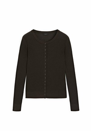 Cardigan côtelé marron foncé avec un col rond, des manches longues et un avant boutonné. Présente une texture subtile et un style ajusté.