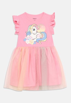 Vestito rosa per bambino con maniche arricciate, gonna in tulle e grafica colorata di unicorno e fiore sul petto.