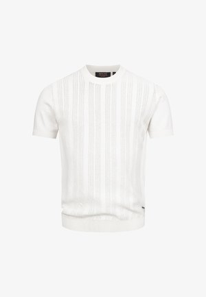 Pull en maille blanche à manches courtes avec des motifs rayés verticaux, un col rond et des bordures côtelées aux manches et à l'ourlet. Tissu doux et texturé.