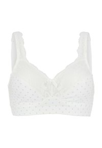 Valkoinen rinta-ajat featuring pitsiset yläkupit, pistekuvio, aallotetut hihnat ja pieni nauhadetail keskellä. Pehmeä kangas, jossa on tekstuurointeja.