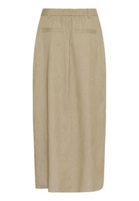 Jupe en lin beige, légère, avec une taille élastique, deux poches arrière et une silhouette droite, présentant une texture subtile.