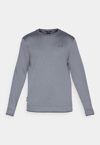 Long-sleeve gray athletic shirt made of textured fabric with a round neck, featuring a small logo on the chest and ribbed cuffs.