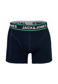 Boxer-briefs bleu marine avec une ceinture grise portant le texte "JACK&JONES" en blanc, accompagné d'un accent vert. Tissu lisse avec une coupe ajustée.
