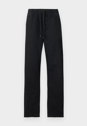 Pantalon noir à jambes droites avec taille élastique et cordon noir, présenté à plat sur un fond blanc.