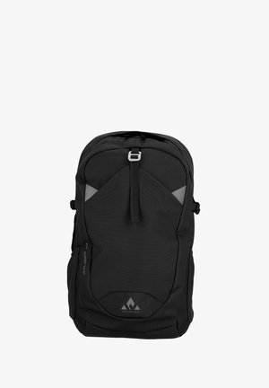 Schwarzer Rucksack mit strukturiertem Design, ausgestattet mit einem oberen Reißverschluss, verstellbaren Trägern und einem Logo auf der Vorderseite, das minimalistische Akzente setzt.