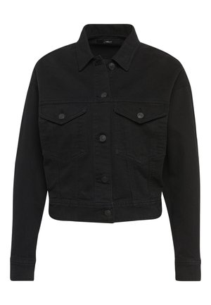 Schwarze verkürzte Jeansjacke mit langen Ärmeln, Knopfleiste, zwei Klappentaschen auf der Brust und klassischem Kragen.