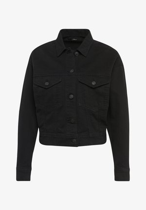 Schwarze verkürzte Jeansjacke mit langen Ärmeln, Knopfleiste, zwei Klappentaschen auf der Brust und klassischem Kragen.