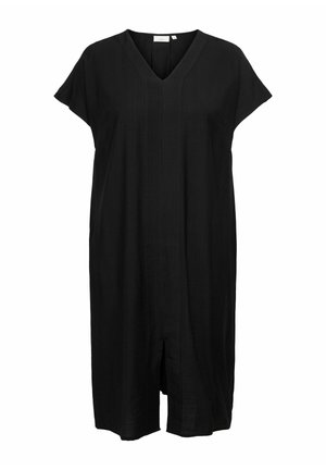 Robe noire jusqu'aux genoux avec manches courtes, décolleté en V, coupe ample et une fente frontale à l'ourlet.