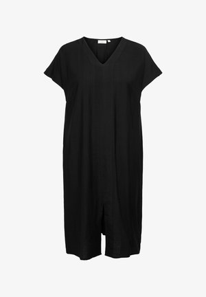 Zwarte jurk tot op de knie met korte mouwen, V-hals, losse pasvorm en een vooraan gespleten zoom.