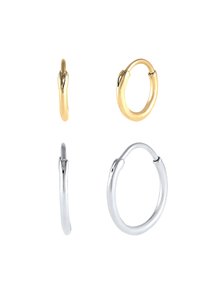 Fire hoops: to guld små hoops, to sølv mellemstore hoops. Glat metalfinish, varierende former og størrelser, sikker lukning.