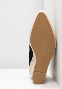 Semelle d’une espadrille pointue avec côtés en jute tissée et semelle en caoutchouc texturé, positionnée à la verticale contre un coin blanc.