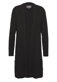 Melnā džemperis ar garām piedurknēm, atvērta priekšpuse, un mīksta adīta tekstūra. Bez fastēšanas elementiem, ar vienkāršu un tīru siluetu.