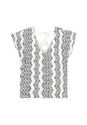 Witte top met een marineblauw golfpatroon, korte mouwen, V-hals en striksluiting met kwastjes aan de achterkant. Geverfd textiel.