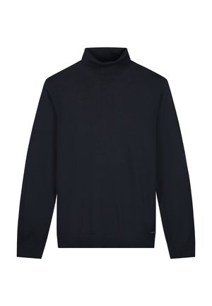 Mørkeblå turtleneck sweater lavet af blødt stof, med lange ærmer og en stram krave. Enkel design, ingen mønstre eller udsmykninger.