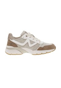 Baskets de sport en crème et beige, avec un dessus perforé, des accents texturés et des lacets blancs. Semelle intermédiaire épaisse blanche avec une semelle extérieure en caoutchouc.