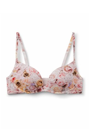 Blomstret polstret bh med justerbare tynde stropper i bløde pink, beige og brune nuancer på hvid baggrund.