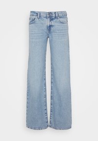 Jasnoniebieskie dżinsy z szerokimi nogawkami wykonane z denimu. Posiadają klasyczny pięcio-kieszeniowy design, zapięcie na guzik oraz nieregularne detale wyblaknięcia.