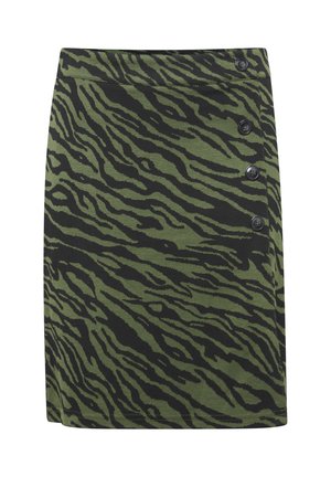 Khaki-grüner Bleistiftrock mit einem schwarzen Zebra-Streifenmuster und fünf Knopfakzenten auf der rechten Seite. Aus einem glatten, dehnbaren Stoff gefertigt.